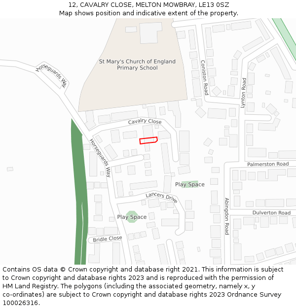 12, CAVALRY CLOSE, MELTON MOWBRAY, LE13 0SZ: Location map and indicative extent of plot