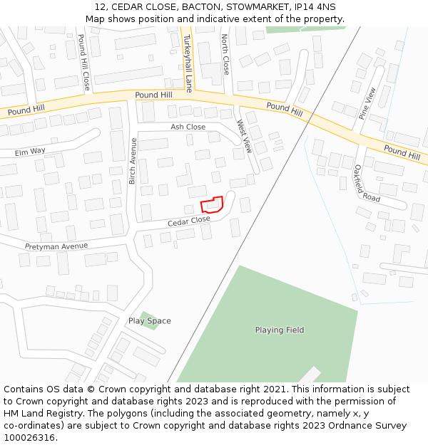 12, CEDAR CLOSE, BACTON, STOWMARKET, IP14 4NS: Location map and indicative extent of plot