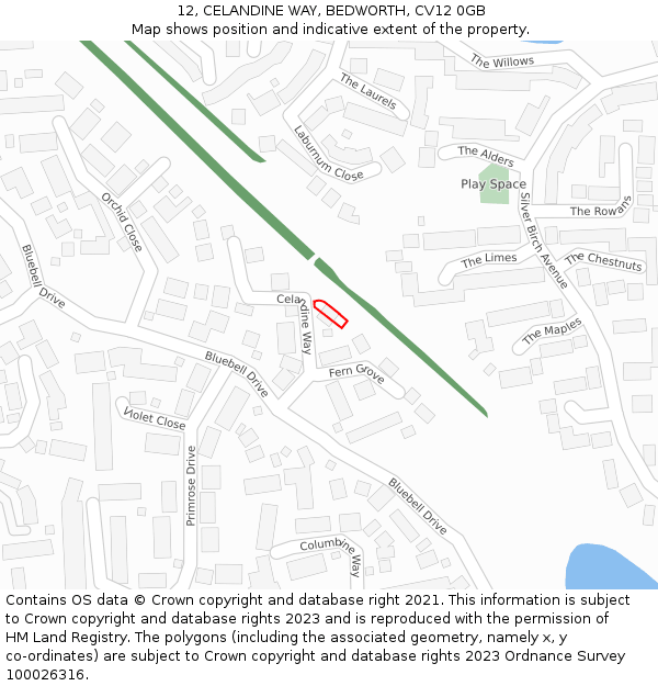 12, CELANDINE WAY, BEDWORTH, CV12 0GB: Location map and indicative extent of plot