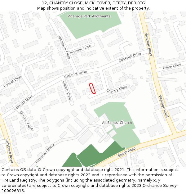 12, CHANTRY CLOSE, MICKLEOVER, DERBY, DE3 0TG: Location map and indicative extent of plot
