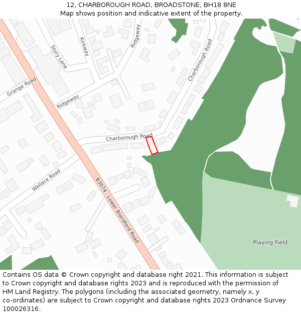 12, CHARBOROUGH ROAD, BROADSTONE, BH18 8NE: Location map and indicative extent of plot