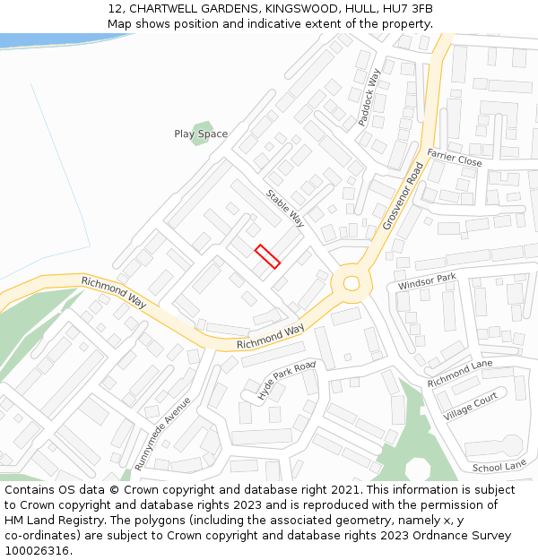 12, CHARTWELL GARDENS, KINGSWOOD, HULL, HU7 3FB: Location map and indicative extent of plot