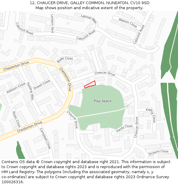 12, CHAUCER DRIVE, GALLEY COMMON, NUNEATON, CV10 9SD: Location map and indicative extent of plot