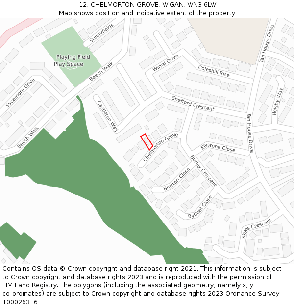 12, CHELMORTON GROVE, WIGAN, WN3 6LW: Location map and indicative extent of plot