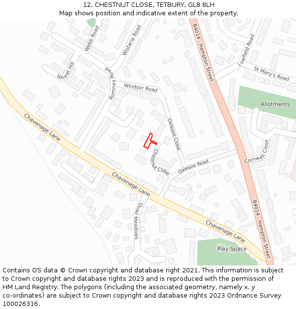 12, CHESTNUT CLOSE, TETBURY, GL8 8LH: Location map and indicative extent of plot