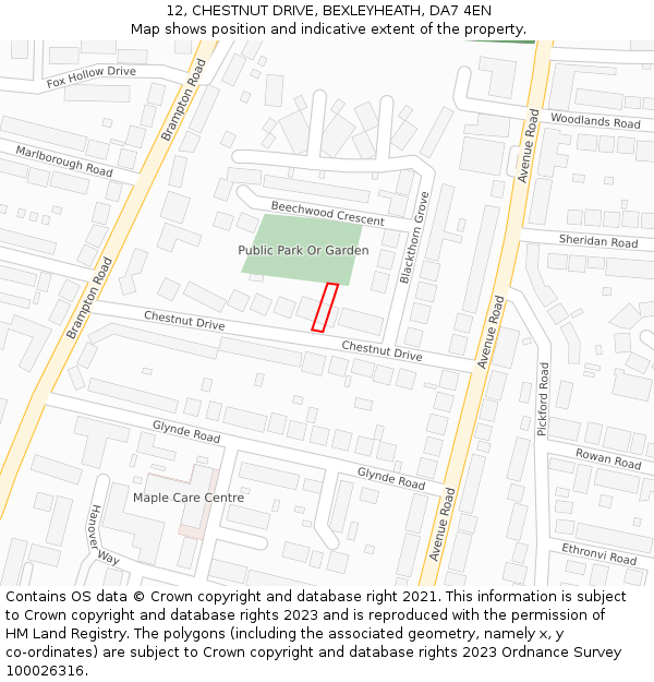 12, CHESTNUT DRIVE, BEXLEYHEATH, DA7 4EN: Location map and indicative extent of plot