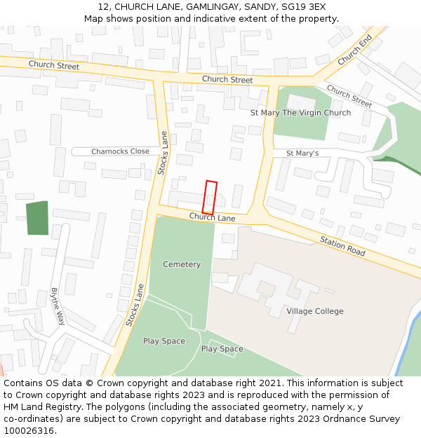 12, CHURCH LANE, GAMLINGAY, SANDY, SG19 3EX: Location map and indicative extent of plot