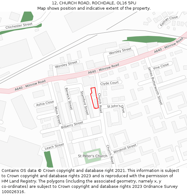 12, CHURCH ROAD, ROCHDALE, OL16 5PU: Location map and indicative extent of plot