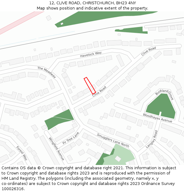 12, CLIVE ROAD, CHRISTCHURCH, BH23 4NY: Location map and indicative extent of plot
