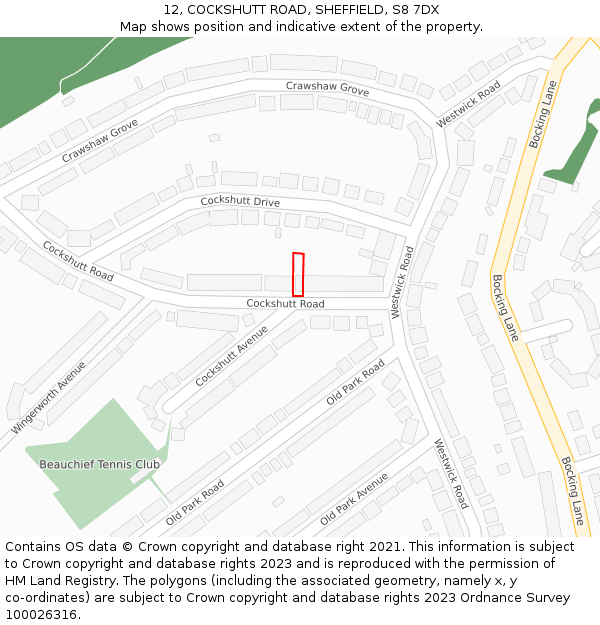 12, COCKSHUTT ROAD, SHEFFIELD, S8 7DX: Location map and indicative extent of plot