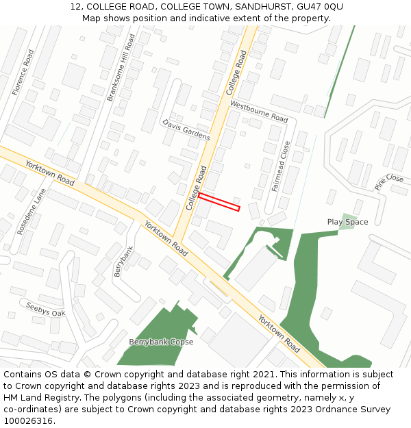 12, COLLEGE ROAD, COLLEGE TOWN, SANDHURST, GU47 0QU: Location map and indicative extent of plot