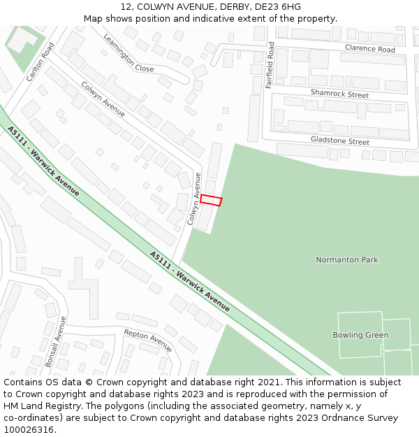 12, COLWYN AVENUE, DERBY, DE23 6HG: Location map and indicative extent of plot