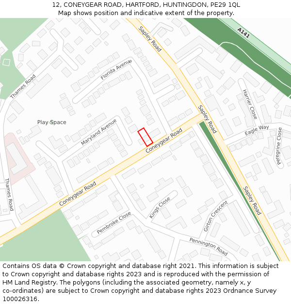 12, CONEYGEAR ROAD, HARTFORD, HUNTINGDON, PE29 1QL: Location map and indicative extent of plot
