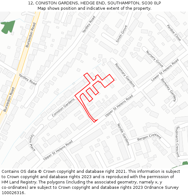 12, CONISTON GARDENS, HEDGE END, SOUTHAMPTON, SO30 0LP: Location map and indicative extent of plot