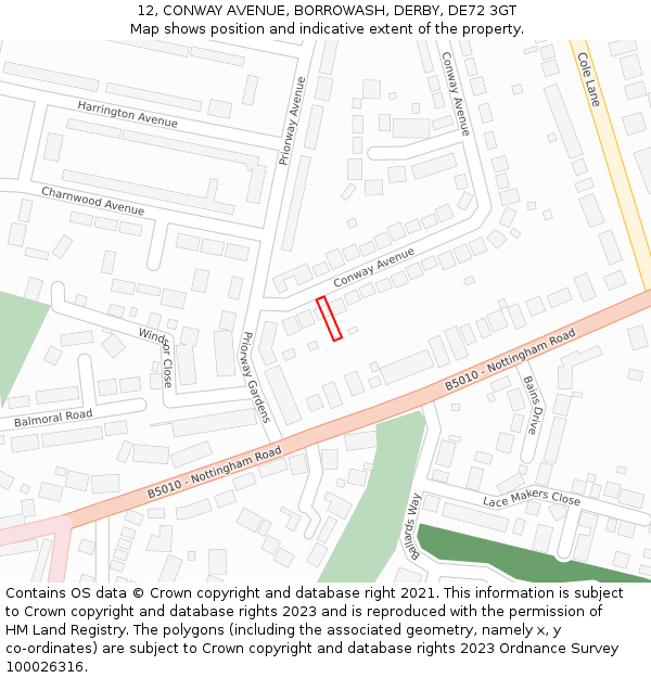 12, CONWAY AVENUE, BORROWASH, DERBY, DE72 3GT: Location map and indicative extent of plot