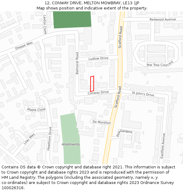 12, CONWAY DRIVE, MELTON MOWBRAY, LE13 1JP: Location map and indicative extent of plot