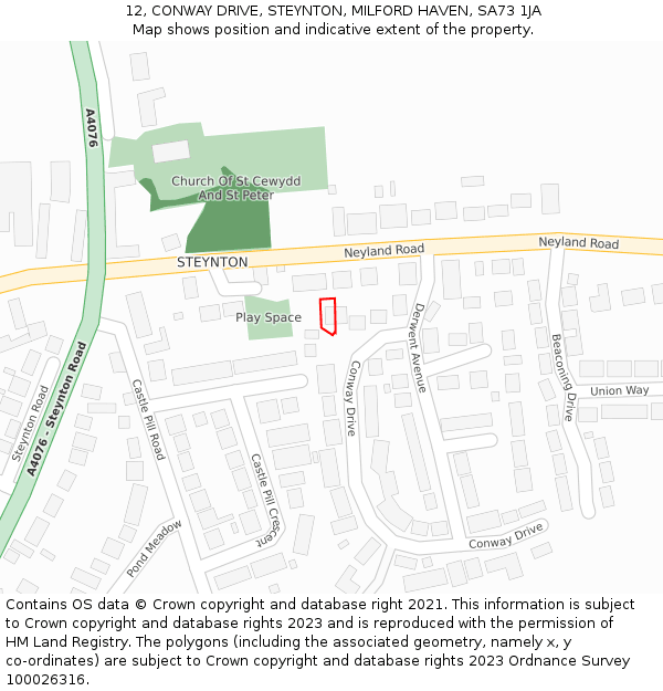 12, CONWAY DRIVE, STEYNTON, MILFORD HAVEN, SA73 1JA: Location map and indicative extent of plot