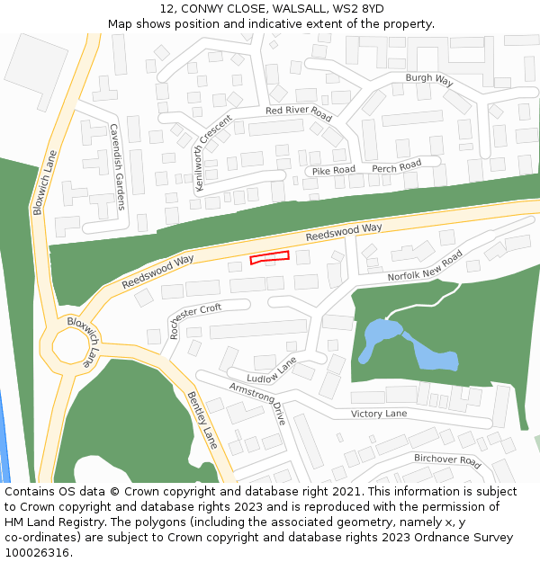 12, CONWY CLOSE, WALSALL, WS2 8YD: Location map and indicative extent of plot