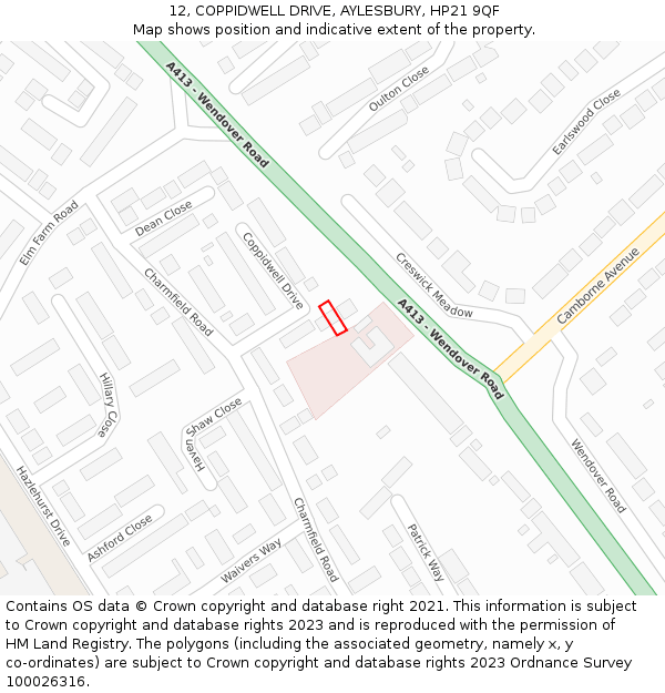 12, COPPIDWELL DRIVE, AYLESBURY, HP21 9QF: Location map and indicative extent of plot