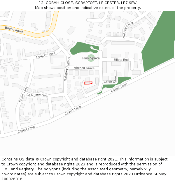 12, CORAH CLOSE, SCRAPTOFT, LEICESTER, LE7 9FW: Location map and indicative extent of plot