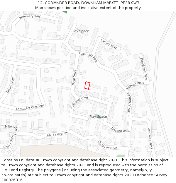 12, CORIANDER ROAD, DOWNHAM MARKET, PE38 9WB: Location map and indicative extent of plot