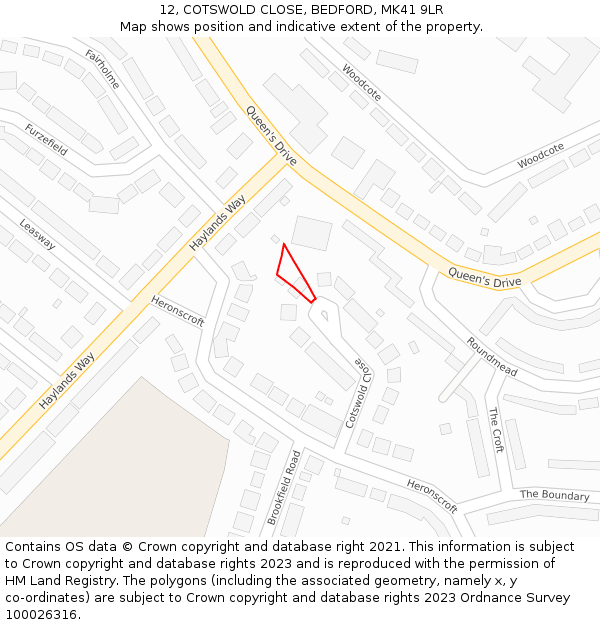 12, COTSWOLD CLOSE, BEDFORD, MK41 9LR: Location map and indicative extent of plot