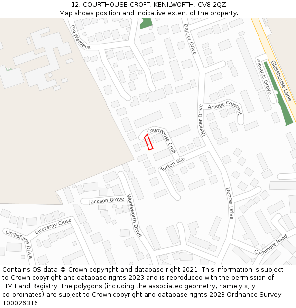 12, COURTHOUSE CROFT, KENILWORTH, CV8 2QZ: Location map and indicative extent of plot