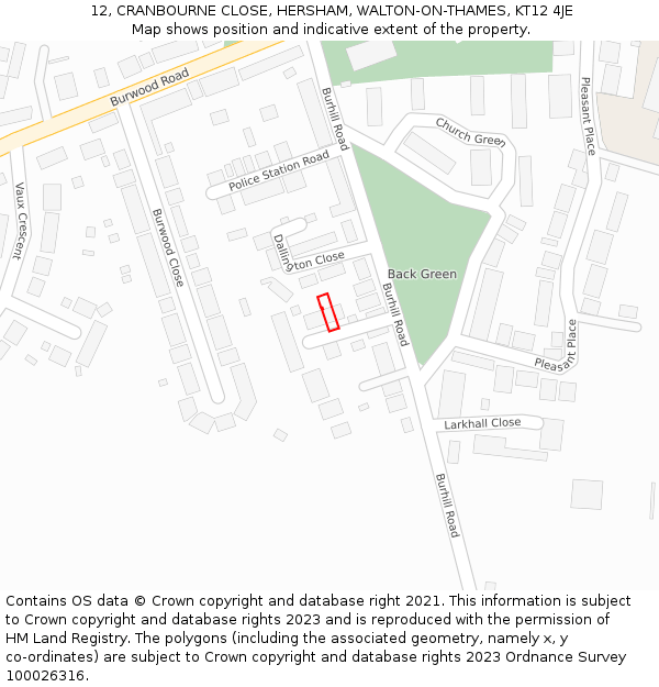12, CRANBOURNE CLOSE, HERSHAM, WALTON-ON-THAMES, KT12 4JE: Location map and indicative extent of plot