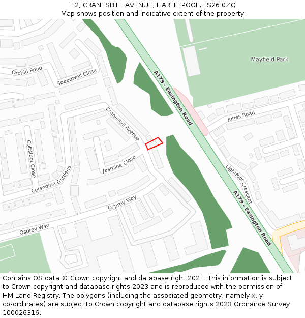 12, CRANESBILL AVENUE, HARTLEPOOL, TS26 0ZQ: Location map and indicative extent of plot
