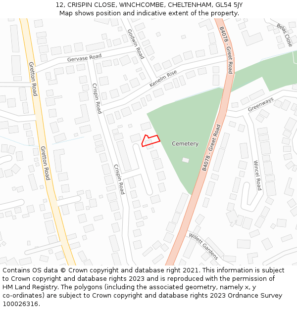 12, CRISPIN CLOSE, WINCHCOMBE, CHELTENHAM, GL54 5JY: Location map and indicative extent of plot
