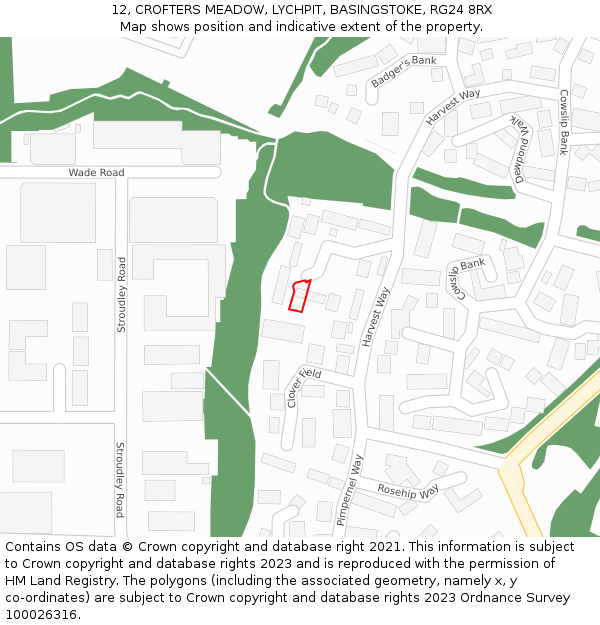 12, CROFTERS MEADOW, LYCHPIT, BASINGSTOKE, RG24 8RX: Location map and indicative extent of plot