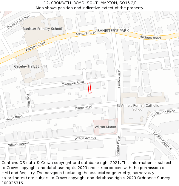12, CROMWELL ROAD, SOUTHAMPTON, SO15 2JF: Location map and indicative extent of plot