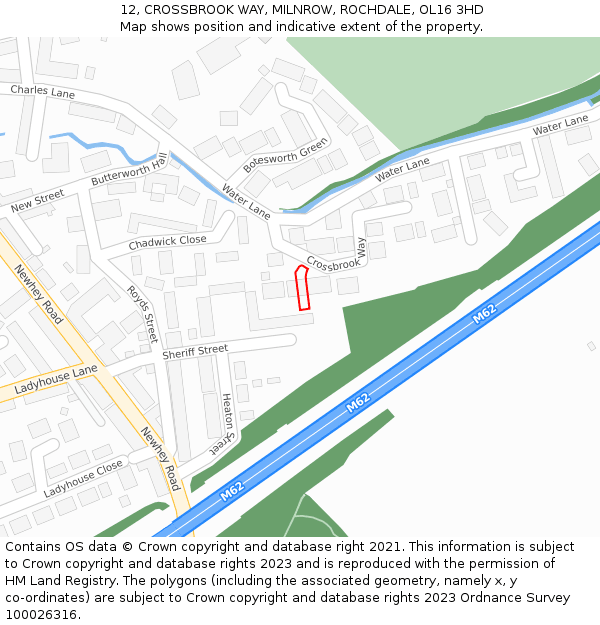 12, CROSSBROOK WAY, MILNROW, ROCHDALE, OL16 3HD: Location map and indicative extent of plot