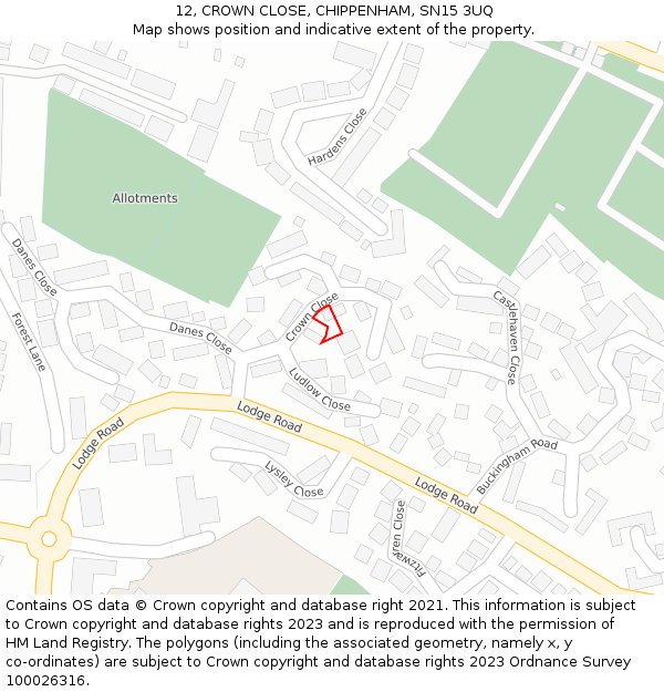 12, CROWN CLOSE, CHIPPENHAM, SN15 3UQ: Location map and indicative extent of plot