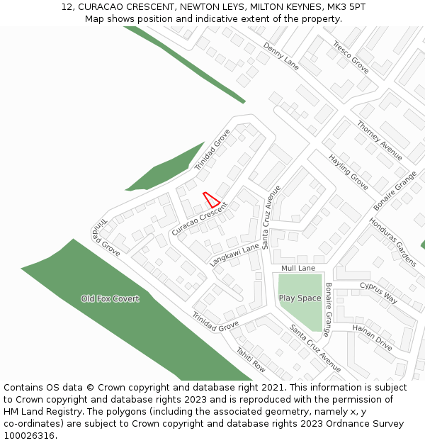 12, CURACAO CRESCENT, NEWTON LEYS, MILTON KEYNES, MK3 5PT: Location map and indicative extent of plot