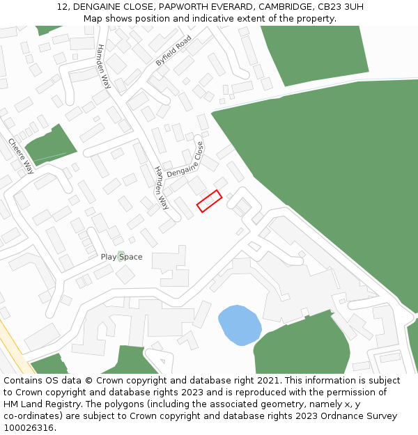 12, DENGAINE CLOSE, PAPWORTH EVERARD, CAMBRIDGE, CB23 3UH: Location map and indicative extent of plot
