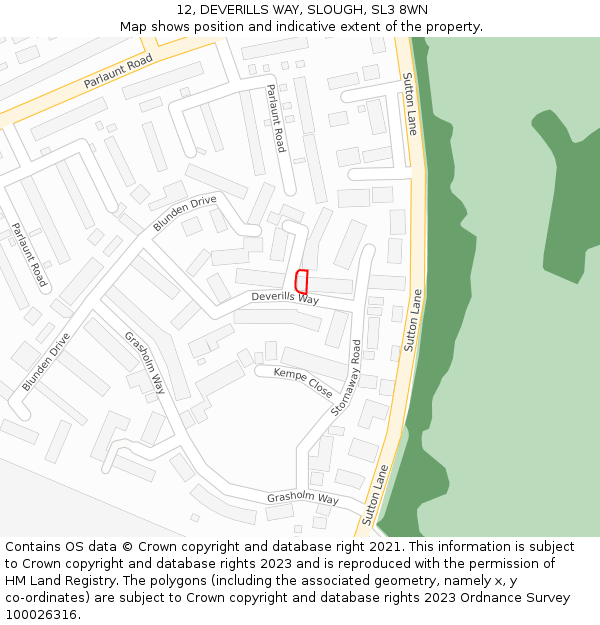 12, DEVERILLS WAY, SLOUGH, SL3 8WN: Location map and indicative extent of plot