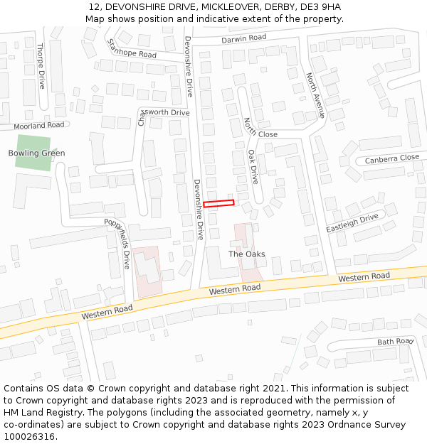 12, DEVONSHIRE DRIVE, MICKLEOVER, DERBY, DE3 9HA: Location map and indicative extent of plot