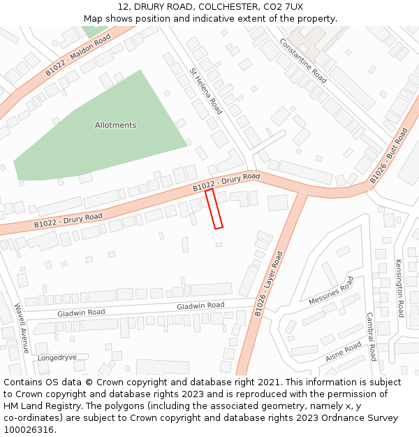 12, DRURY ROAD, COLCHESTER, CO2 7UX: Location map and indicative extent of plot