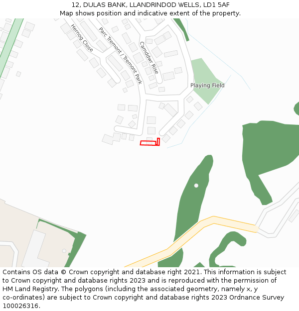 12, DULAS BANK, LLANDRINDOD WELLS, LD1 5AF: Location map and indicative extent of plot