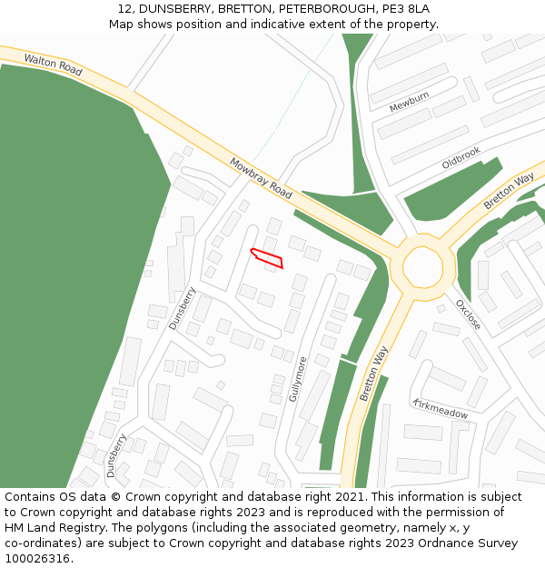 12, DUNSBERRY, BRETTON, PETERBOROUGH, PE3 8LA: Location map and indicative extent of plot