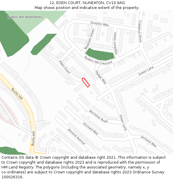 12, EDEN COURT, NUNEATON, CV10 9AG: Location map and indicative extent of plot