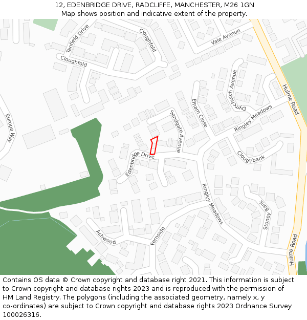 12, EDENBRIDGE DRIVE, RADCLIFFE, MANCHESTER, M26 1GN: Location map and indicative extent of plot