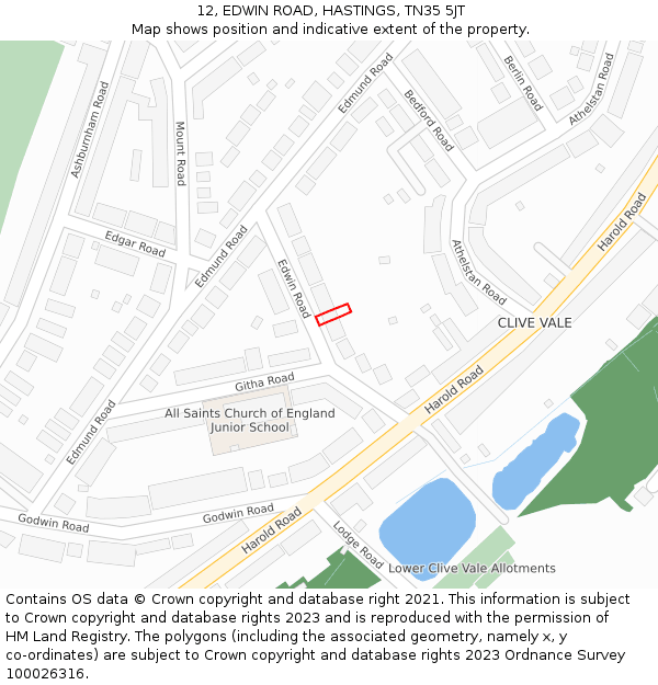 12, EDWIN ROAD, HASTINGS, TN35 5JT: Location map and indicative extent of plot