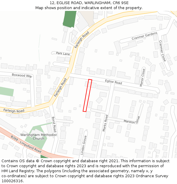 12, EGLISE ROAD, WARLINGHAM, CR6 9SE: Location map and indicative extent of plot