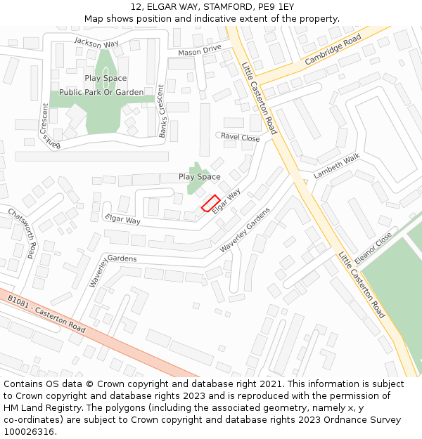 12, ELGAR WAY, STAMFORD, PE9 1EY: Location map and indicative extent of plot