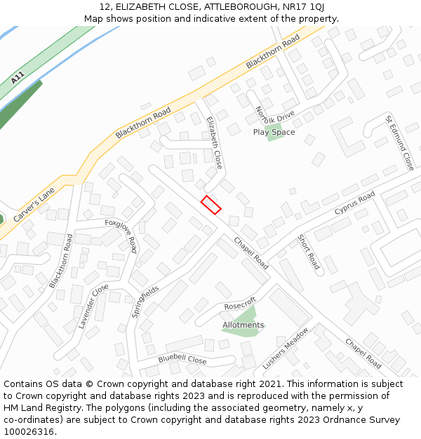 12, ELIZABETH CLOSE, ATTLEBOROUGH, NR17 1QJ: Location map and indicative extent of plot