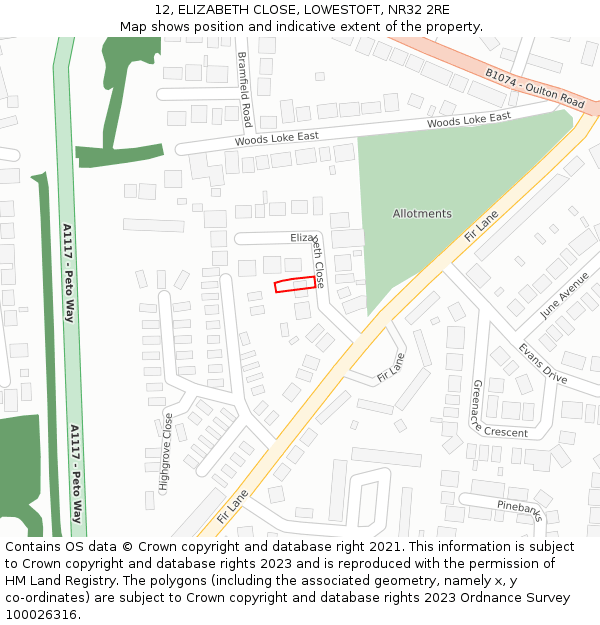 12, ELIZABETH CLOSE, LOWESTOFT, NR32 2RE: Location map and indicative extent of plot