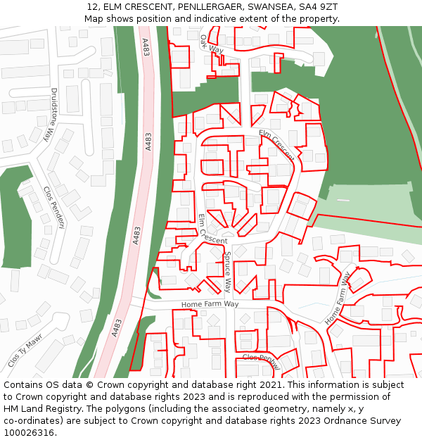 12, ELM CRESCENT, PENLLERGAER, SWANSEA, SA4 9ZT: Location map and indicative extent of plot