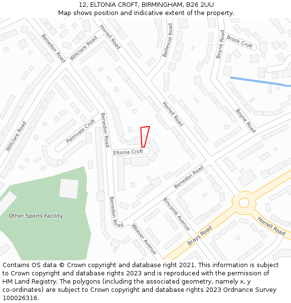 12, ELTONIA CROFT, BIRMINGHAM, B26 2UU: Location map and indicative extent of plot